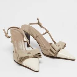 Pre Owned Chanel White/Grey Canvas and Leather CC Bow Slingback Pumps Size 37