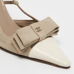 Pre Owned Chanel White/Grey Canvas and Leather CC Bow Slingback Pumps Size 37