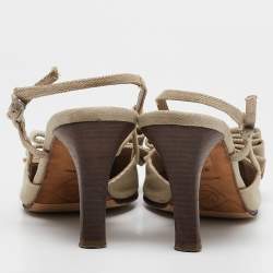 Pre Owned Chanel White/Grey Canvas and Leather CC Bow Slingback Pumps Size 37