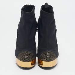 Pre Owned Chanel Black Glitter and Nylon Cap Toe Ankle Length Boots Size 38
