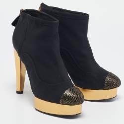 Pre Owned Chanel Black Glitter and Nylon Cap Toe Ankle Length Boots Size 38