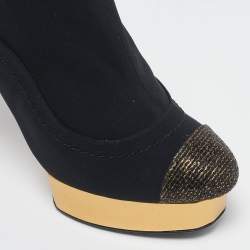 Pre Owned Chanel Black Glitter and Nylon Cap Toe Ankle Length Boots Size 38