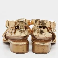 Chanel Gold Brogue Leather Lace Up Ankle Strap Sandals Size 37