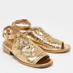 Chanel Gold Brogue Leather Lace Up Ankle Strap Sandals Size 37