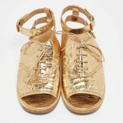 Chanel Gold Brogue Leather Lace Up Ankle Strap Sandals Size 37
