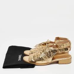 Chanel Gold Brogue Leather Lace Up Ankle Strap Sandals Size 37