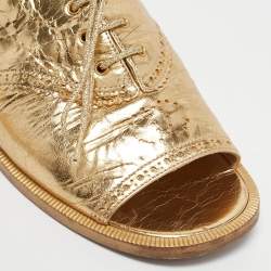 Chanel Gold Brogue Leather Lace Up Ankle Strap Sandals Size 37