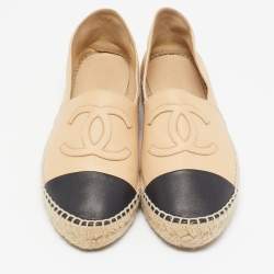 Chanel Beige/Black Leather CC Cap Toe Espadrille Flats Size 38