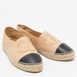 Chanel Beige/Black Leather CC Cap Toe Espadrille Flats Size 38