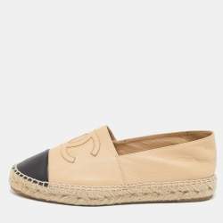 Chanel Beige/Black Leather CC Cap Toe Espadrille Flats Size 38