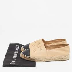 Chanel Beige/Black Leather CC Cap Toe Espadrille Flats Size 38