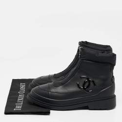 Chanel Black Leather and Nylon CC Ankle Length Boots Size 39