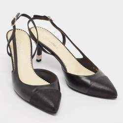 Pre Owned Chanel Black Leather Cap Toe Slingback Pumps Size 39