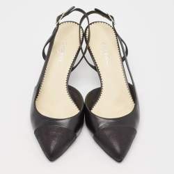 Pre Owned Chanel Black Leather Cap Toe Slingback Pumps Size 39