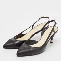 Pre Owned Chanel Black Leather Cap Toe Slingback Pumps Size 39