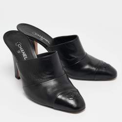 Chanel Black Leather CC Cap Toe Mule Sandals Size 38