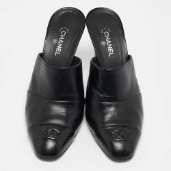 Chanel Black Leather CC Cap Toe Mule Sandals Size 38