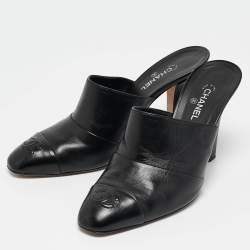 Chanel Black Leather CC Cap Toe Mule Sandals Size 38