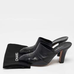 Chanel Black Leather CC Cap Toe Mule Sandals Size 38
