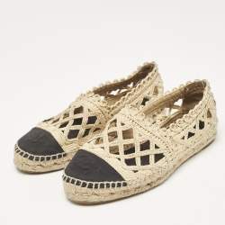Chanel Beige/Black Laser Cut Raffia and CC Canvas Cap Toe Espadrille Flats Size 37