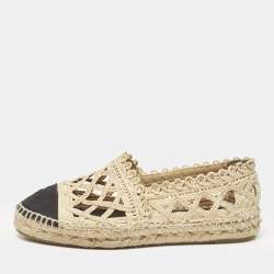 Chanel Beige/Black Laser Cut Raffia and CC Canvas Cap Toe Espadrille Flats Size 37