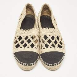 Chanel Beige/Black Laser Cut Raffia and CC Canvas Cap Toe Espadrille Flats Size 37