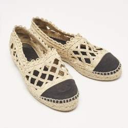 Chanel Beige/Black Laser Cut Raffia and CC Canvas Cap Toe Espadrille Flats Size 37