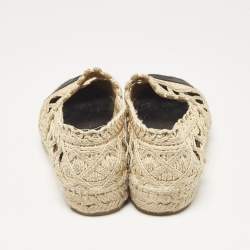 Chanel Beige/Black Laser Cut Raffia and CC Canvas Cap Toe Espadrille Flats Size 37