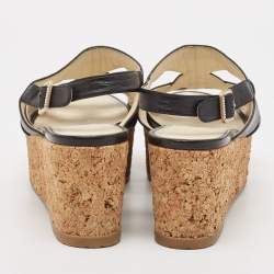 Chanel Black Leather Strappy Cork Platform Wedge Sandals Size 36.5