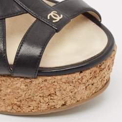 Chanel Black Leather Strappy Cork Platform Wedge Sandals Size 36.5