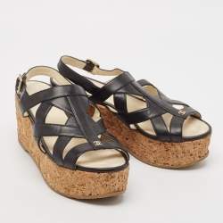 Chanel Black Leather Strappy Cork Platform Wedge Sandals Size 36.5