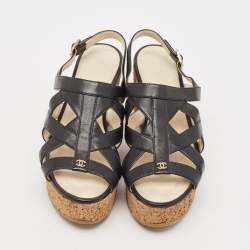 Chanel Black Leather Strappy Cork Platform Wedge Sandals Size 36.5
