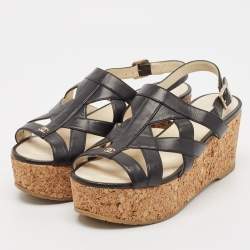 Chanel Black Leather Strappy Cork Platform Wedge Sandals Size 36.5