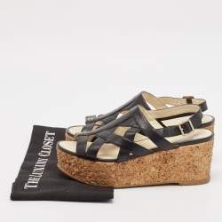 Chanel Black Leather Strappy Cork Platform Wedge Sandals Size 36.5