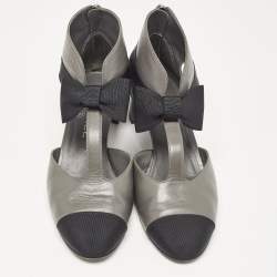 Chanel Grey/Black Canvas and Leather CC Bow Cut Out Ankle Boots Size 38