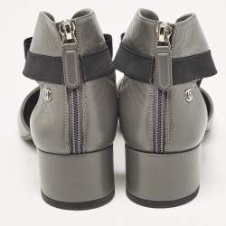 Chanel Grey/Black Canvas and Leather CC Bow Cut Out Ankle Boots Size 38