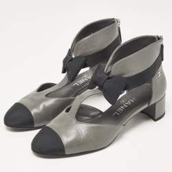 Chanel Grey/Black Canvas and Leather CC Bow Cut Out Ankle Boots Size 38
