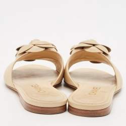 Pre Owned Chanel Beige Leather CC Camellia Flat Slides Size 36
