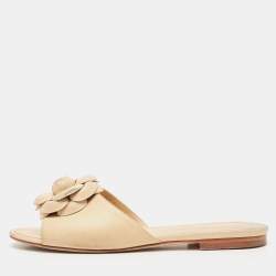 Pre Owned Chanel Beige Leather CC Camellia Flat Slides Size 36