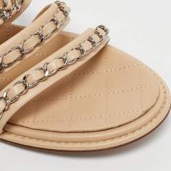 Pre Owned Chanel Beige Leather CC Chain Detail Ankle Strap Sandals Size 39