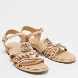 Pre Owned Chanel Beige Leather CC Chain Detail Ankle Strap Sandals Size 39