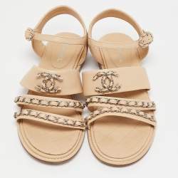 Pre Owned Chanel Beige Leather CC Chain Detail Ankle Strap Sandals Size 39