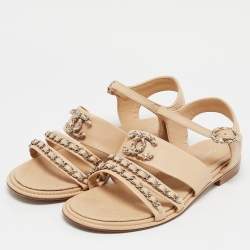 Pre Owned Chanel Beige Leather CC Chain Detail Ankle Strap Sandals Size 39