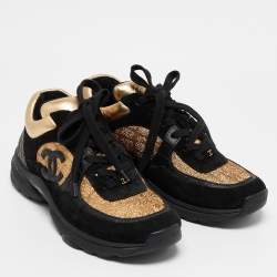 Chanel Gold/Black Fabric and Suede CC Low Top Sneakers Size 36