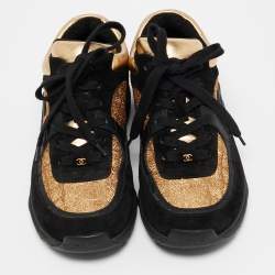 Chanel Gold/Black Fabric and Suede CC Low Top Sneakers Size 36