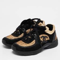 Chanel Gold/Black Fabric and Suede CC Low Top Sneakers Size 36