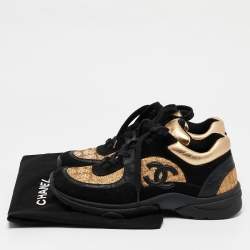 Chanel Gold/Black Fabric and Suede CC Low Top Sneakers Size 36