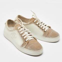 Chanel White/Cream Rubber and Velvet CC Low Top Sneakers Size 36