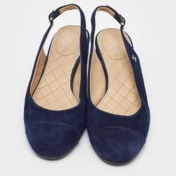 Pre Owned Chanel Navy Blue Suede Cap Toe CC Slingback Pumps Size 38
