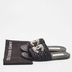 Chanel Black Braided Raffia Crystal Embellished CC Flat Slides Size 39.5